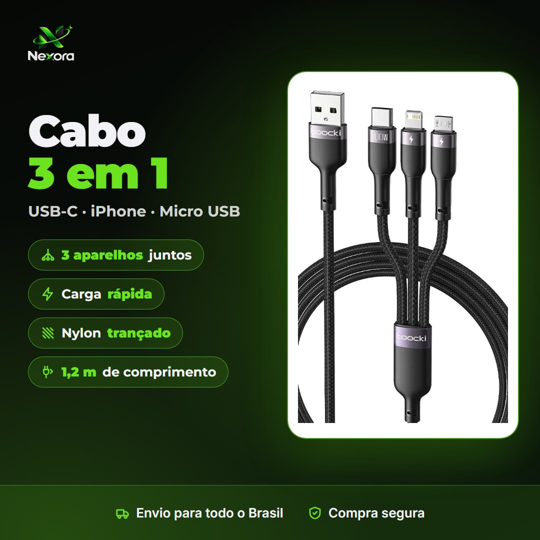 Cabo 3 em 1 carregamento rápido